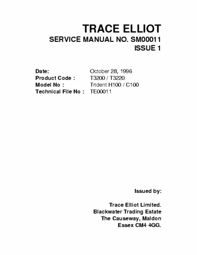 Trace Elliot Trident C100 guitar amp service manual